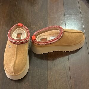 UGG Tan Suede Slip-On Shoes with Red Trim